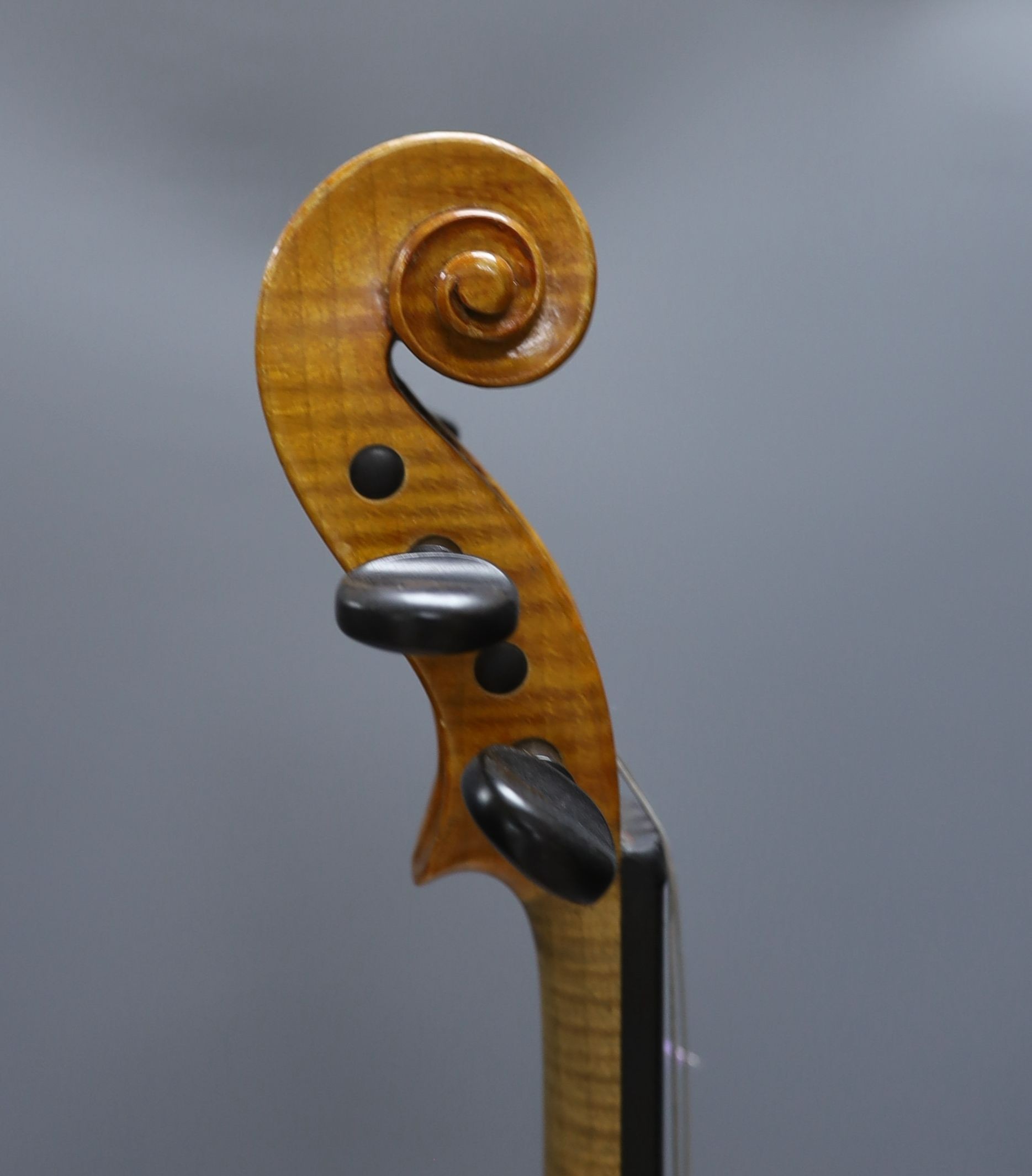 A 20th century violin in case with two bows, length of back 35.5cm